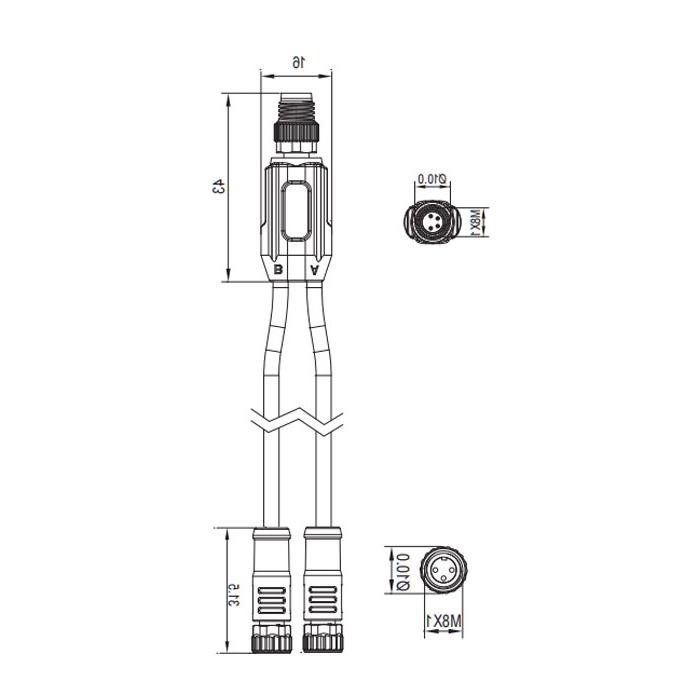 M8 4Pin male/2M8 3Pin female、Y-plug、Pre cast PVC non flexible cables、Grey sheathed、63D323-XXX